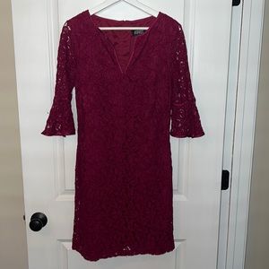 Adrianna Papell Lace Fuchsia Midi Dress with Bell Sleeves